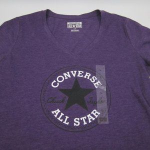 Converse Womens T-Shirt LARGE All Stars Chuck Taylor Logo Purple V Neck Fitted